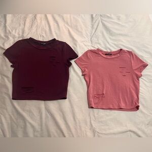 2 Fashion Nova distressed stretchy crop tops